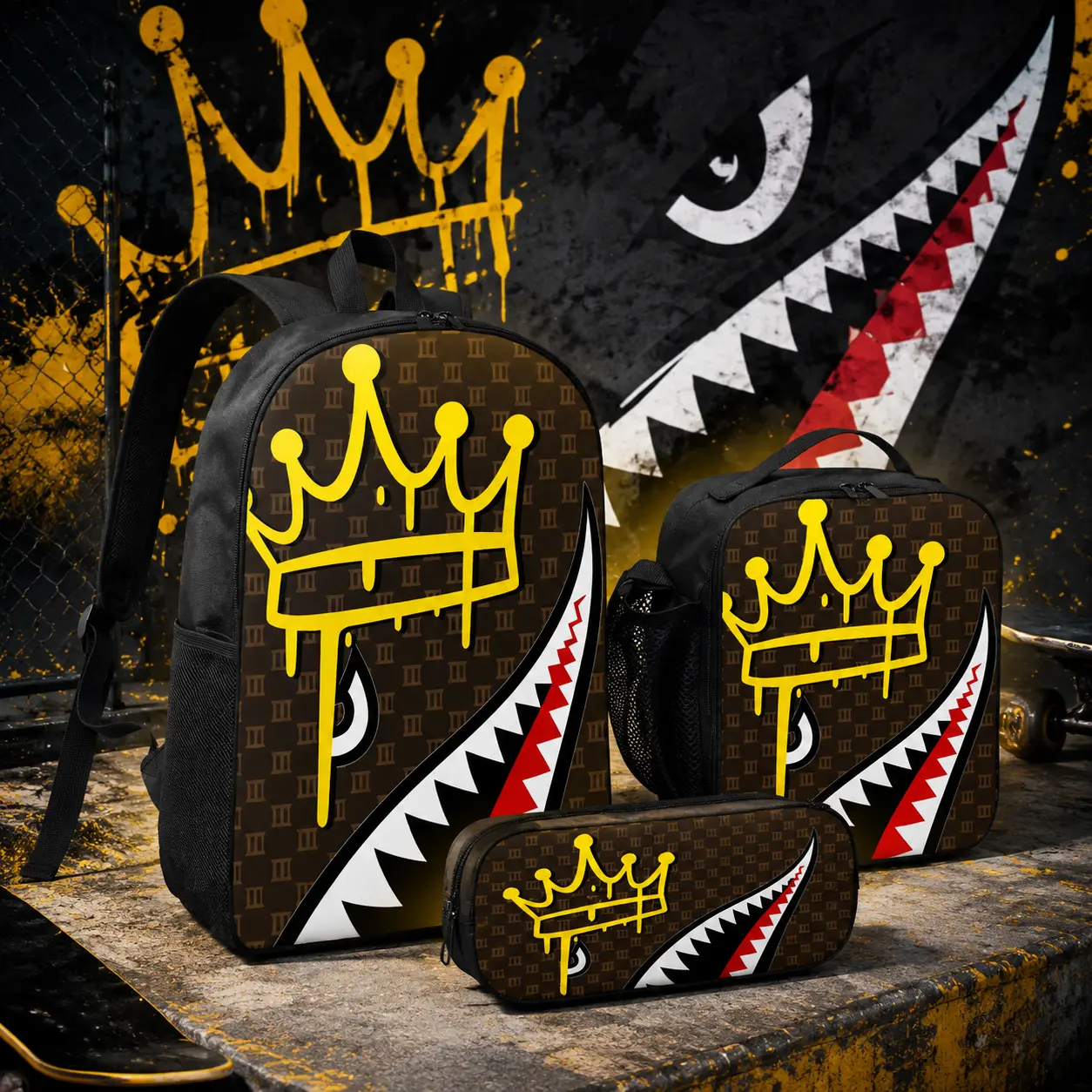Hip Hop Streetwear Monogram Brown Monogram Dripping Crown Shark Mouth Graphic Print Backpack 3 PCS Set, Urban Streetwear Bookbag with Insulated Lunch Box and Pencil Case, Cool Hip Hop Birthday Gift for Teen Boys