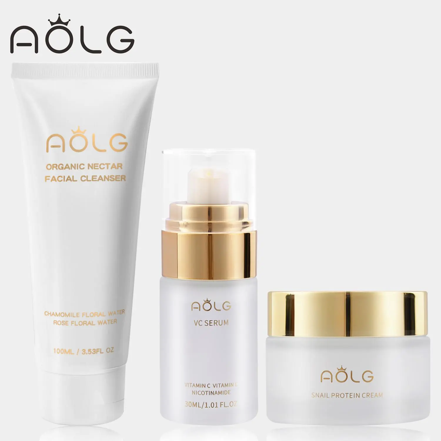 AOLG 3-Piece Unisex Skincare Set - Vitamin C Serum, Retinol & Snail Mucin Repair Cream, Gentle Cleanser with Hyaluronic Acid - Moisturizing, Soothing, Hydrating Morning Routine for Sensitive Skin, Hydrate, Skin Repair