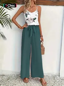 New Style Floral Printed Camisole Halter Top, Matching Solid Color Long Pants & Bow Waist Belt, Casual Vacation Fitted Outfit Set Womenswear