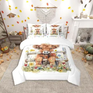 Highland Cow Comforter Set with Sheets,Floral Animal 7 Piece Bedding Set,Watercolor Kawaii Daisy Brown Beige Lightweight Bed in A Bag