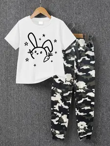 Boys Summer Fashion Casual Short Sleeve T-Shirt & Camo Sweatpants Set, Easter Bunny Pattern Print, Loose Fit, Comfortable Clothing Gift