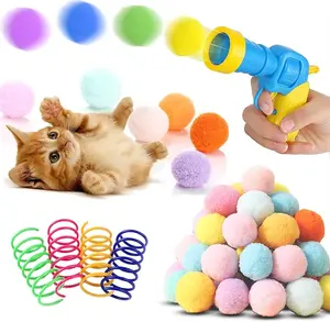 Interactive Cat Ball Launcher Gun with 20 Silent Plush Pom Pom Balls (1.2") & 4 Cat Spring Toys – Low Noise Upgraded Cat Toy for Indoor Play & Exercise