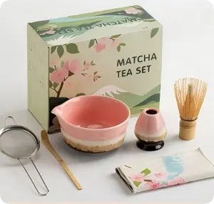 8pcMatcha tea set, ceramic bowls, tea straws, strainer, wooden spoon, tray and tea towel, sponge, stainless steel matcha powder mixer - 8-piece set, suitable for traditional matcha ceremony set, pink kitchen accessories