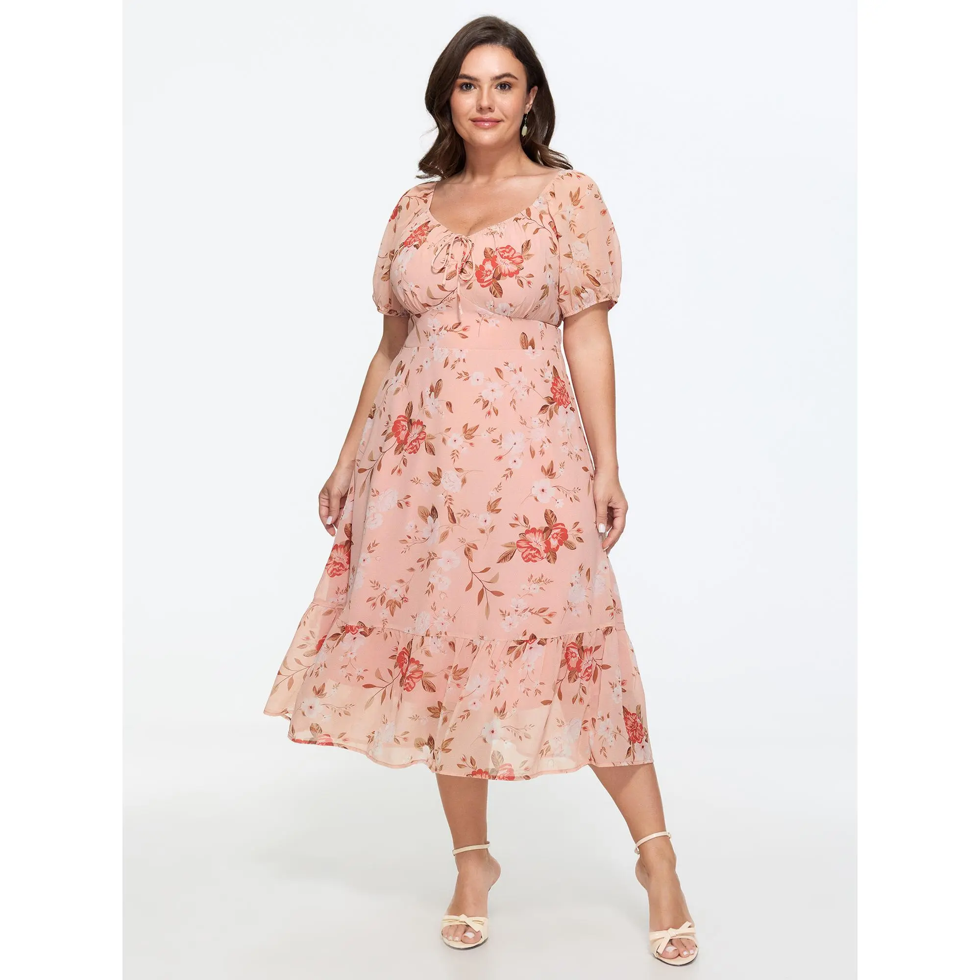 BloomChic Women's Plus Size Romantic Ditsy Floral Midi Dress with Short Lantern Sleeves, a Shirred Waist, and Side Pocket, Shortsleeve, Casual Wear, Fit, Fabric, Smooth, Garment, Low Iron, Polyester, Plus Size Casual Dresses, Pull-On, Cold Wash, Daily