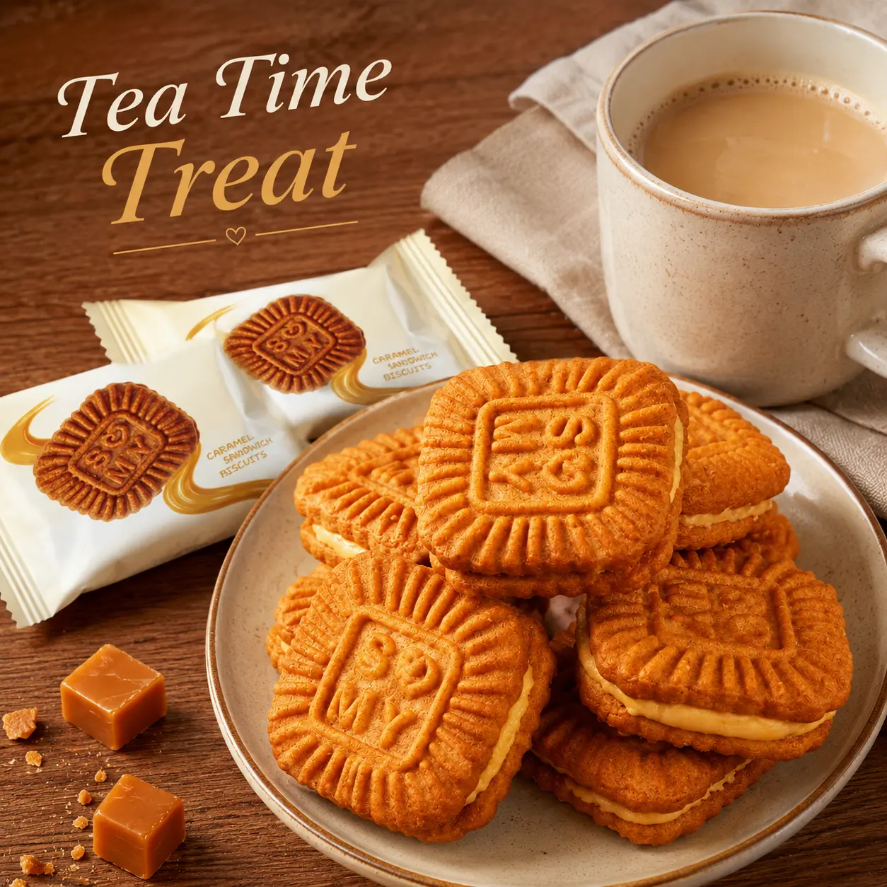 Caramel Sandwich Cookies - Crispy Biscuits with Creamy Caramel Filling, Sweet Snack for Dessert & Tea Time