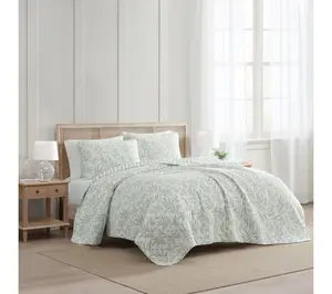Martha Stewart Murray Leaves White/Green CottonKing Quilt Set
