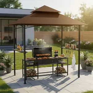 GVDV 8x5FT Grill Gazebo - Outdoor BBQ Canopy Shelter with 2 Side Shelves & Double-Tiered Top for Patio Backyard Grilling, Brown