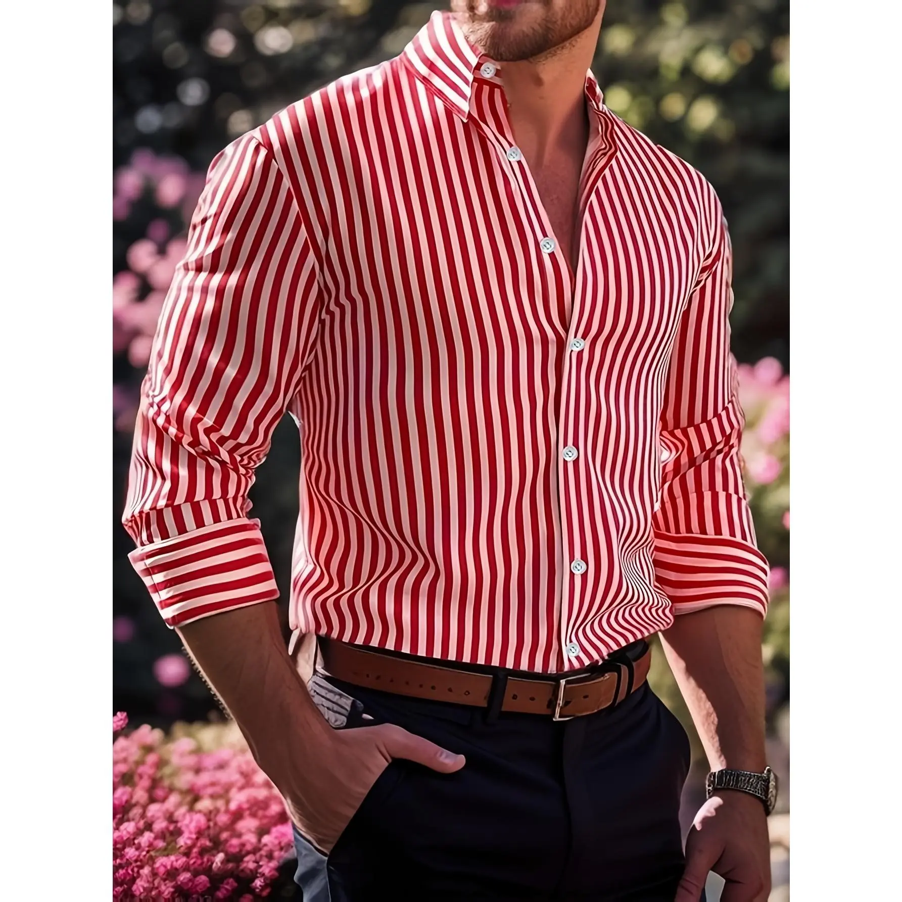 Men's Bright Steel Blue Casual Striped Long-Sleeve Polyester Woven Button-Down Shirt - Lapel Collar, Regular Fit, All-Season Menswear Top, Longsleeves