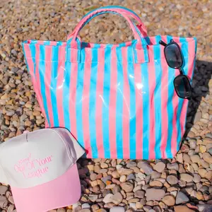 Mntaor women's Glossy Vinyl Striped Tote Bag - Large Capacity for Festivals, Beach Days