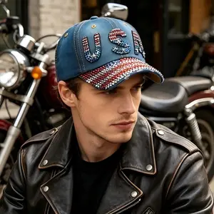 USA Bling Rhinestone Denim Baseball Cap - Patriotic Sparkle Sun Hat