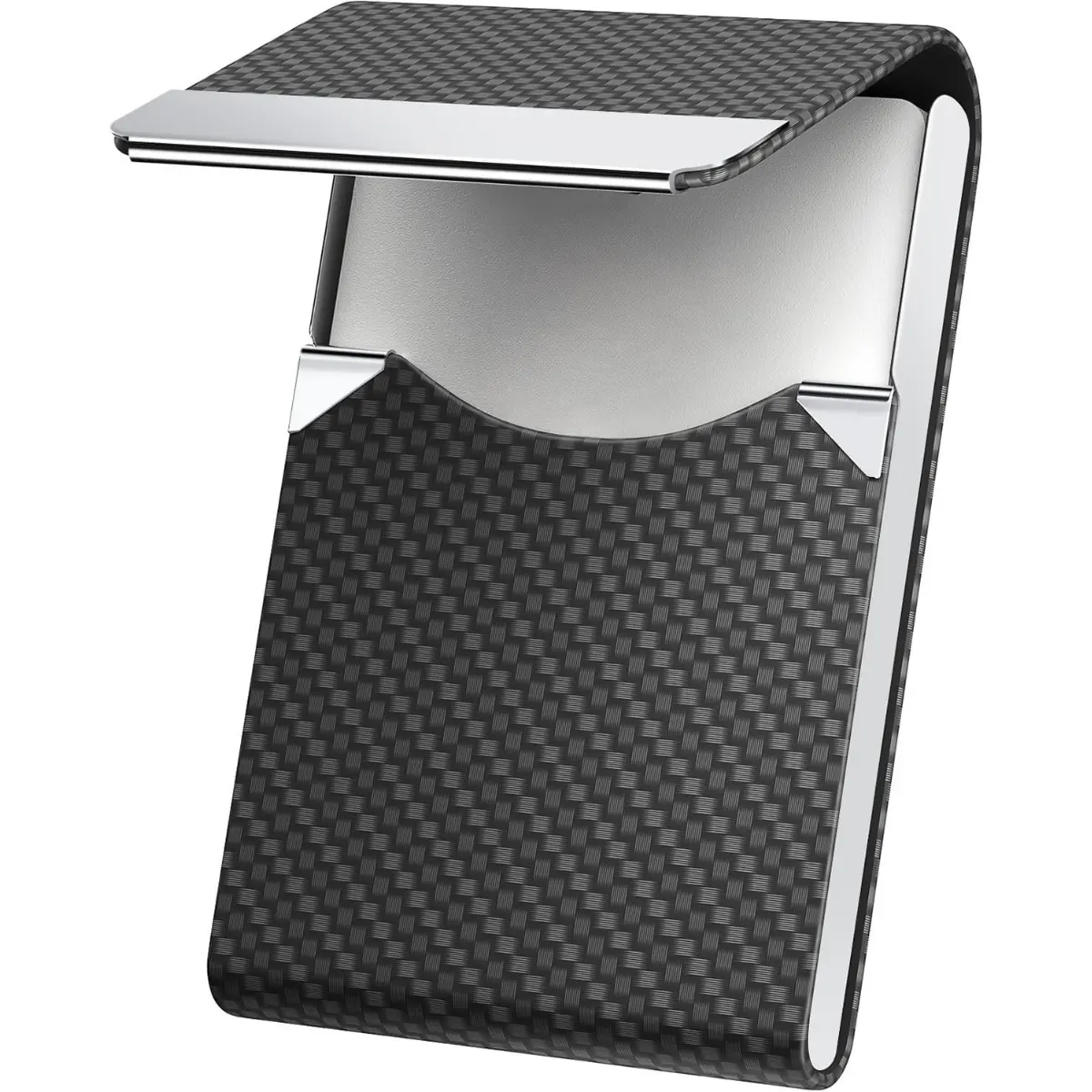 Business Card Holder, PU Leather & Stainless Steel Business Card Case for Men or Women, Slim Name Cards Holder RFID Blocking Credit Cards Carrier with Magnetic Closure, Black Carbon