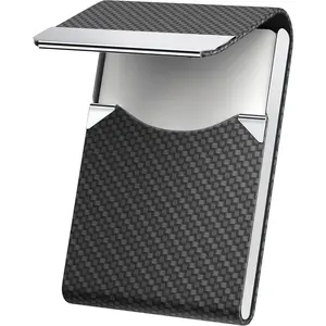 Business Card Holder, PU Leather & Stainless Steel Business Card Case for Men or Women, Slim Name Cards Holder RFID Blocking Credit Cards Carrier with Magnetic Closure, Black Carbon