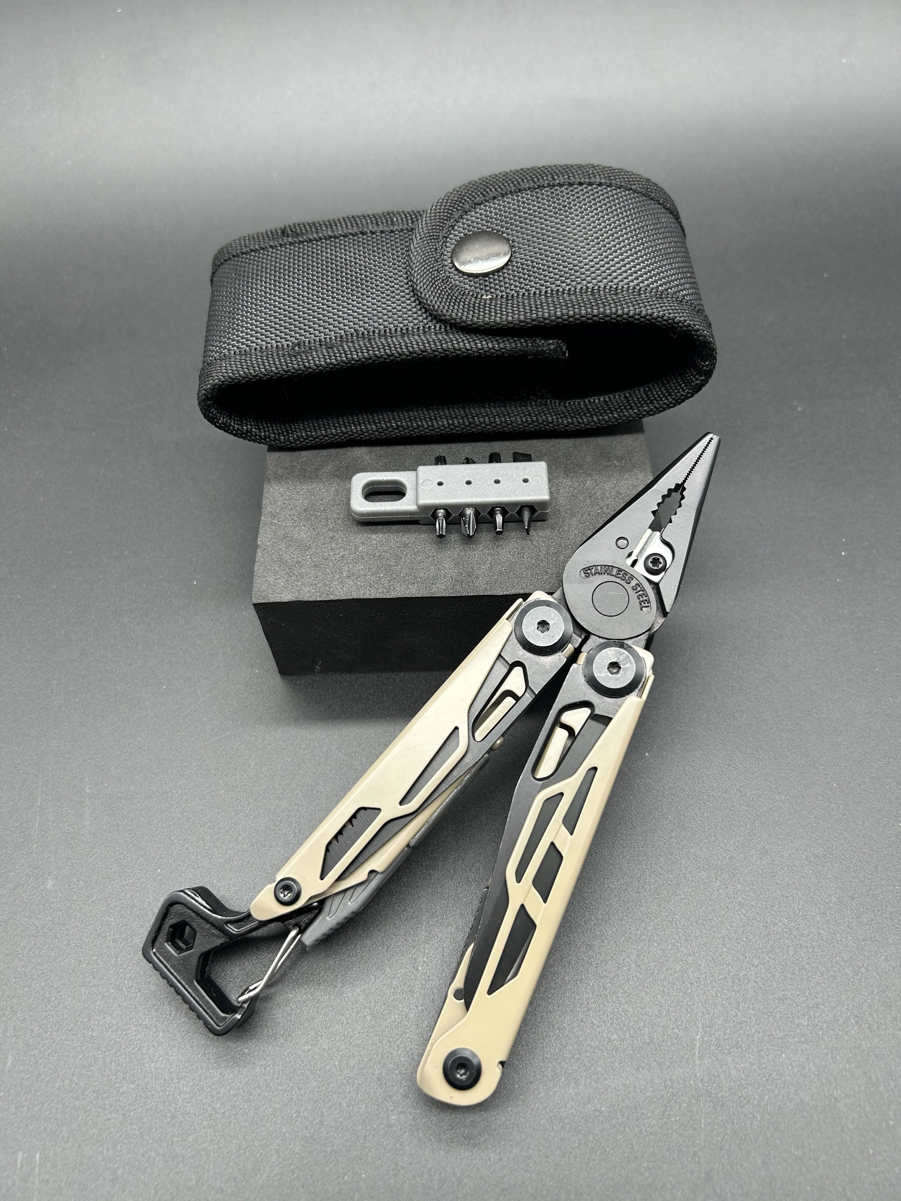 23-in-1 Multitool  BROWN/TAN - 5Cr15 & 3Cr13 Stainless Steel Construction | Heavy-Duty Pliers, Knife, Bottle Opener, Screwdrivers | for Survival, Camping, Hiking (Nylon Sheath Included)