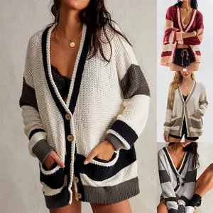 2025 new autumn and winter cross-border hot selling knitted jacket large size pocket color matching cardigan sweater women's clothing Womenswear Long Sleeve Tops