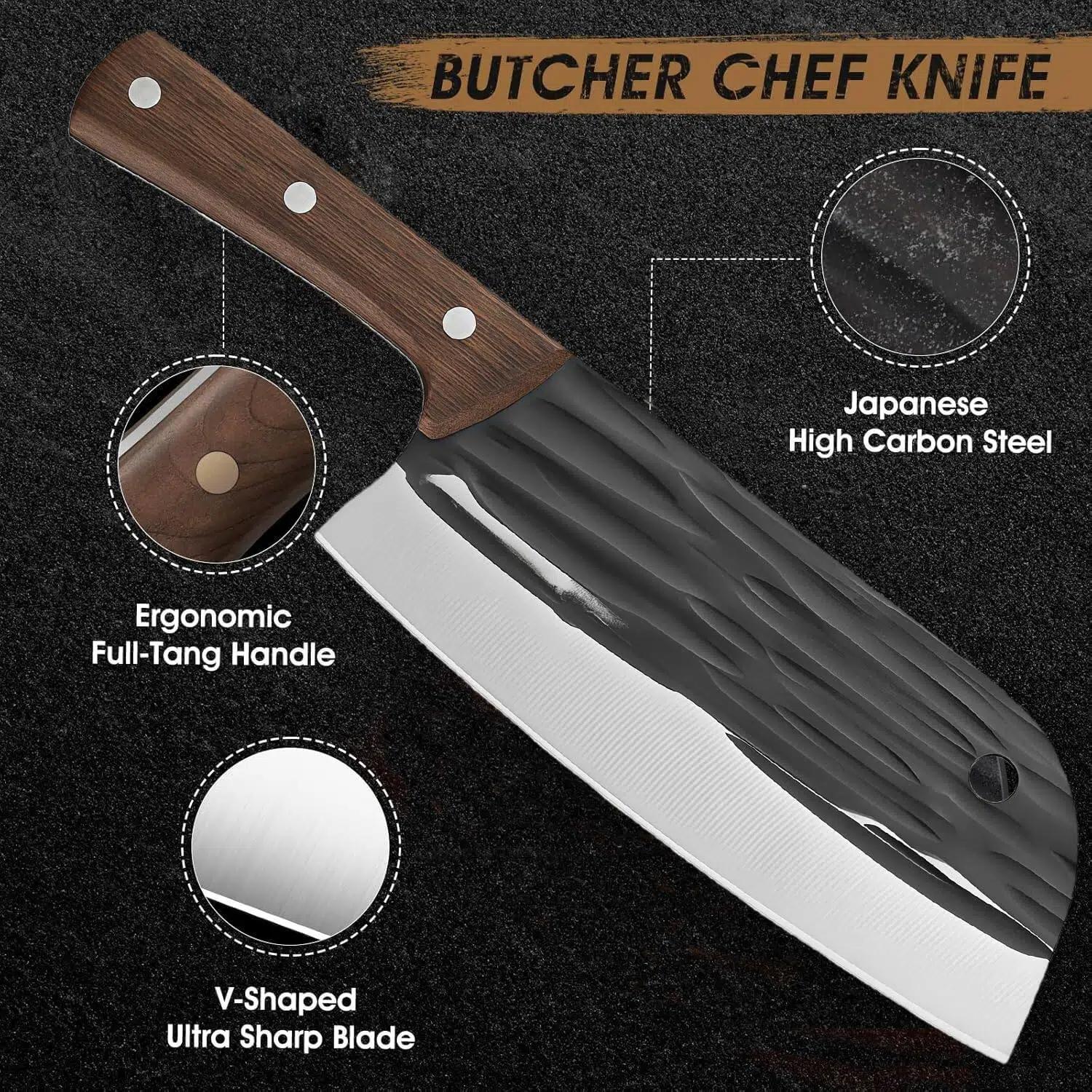 2PCS Outdoor BBQ Butcher Knife Set, Sharp Lightweight Cleaver & Viking Knife , Full Tang Ergonomic Handle for Camping, Picnic, Home Cooking & Meat Cutting Super Combo Sakimaru Slicer Chef Knife Salmon
