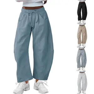 UANEO Women's Barrel Leg Pants Elasticated Waistband Soft Wide Leg Pants with Pockets Casual Sweatpants
