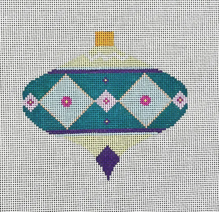 Teal & Purple Needlepoint Ornament: Pink Floral Diamonds