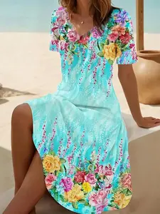 Plus Size Women's Casual Gradient Flower V-Neck Short Sleeve Summer Dress Boho Style for Wedding & Beach Outfit Blue Floral Print - Fabric, Womenswear