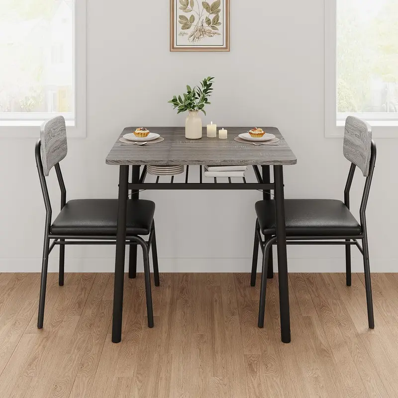 GARVEE 3-Piece Dining Table Set for 2 with Storage Rack, Wood Kitchen Table with Upholstered Chairs Set of 2, Small Square Table Set with Metal Legs Support, for Dining Room, Living Room