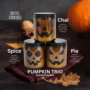 Pumpkin Patch Trio Cozy Autumn Gift Jack-o-lantern Collection - Pumpkin Spice Delight, Chai, & Pie Scented Candles 7oz Amber Jar Set