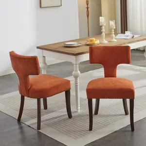 Dining Chairs Set of 2, Mid Century Modern Chair, Farmhouse Linen Fabric Upholstered Accent Chair Curved Backrest with Copper Nails around,Kitchen Chairs with Hardwood Frame, Orange