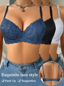 3PCS Women's Chic Elegant Floral Lace Push-Up Bra Underwire Anti‑sagging and Lift Breathable Minimizer Bra, Medium support Comfortable Adjustable Straps, Everyday Wear Lingerie