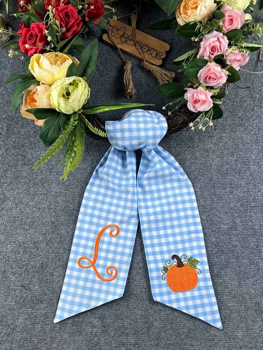 Personalized Pumpkin Wreath Sash - Embroidered Fall Monogram Gingham Door Bow - Thanksgiving Front Door Decor, Housewarming Gift