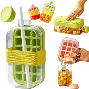 Ice Cube Bottle-2025 NEW 2 in 1 Ice Cube Tray&water Bottle Ice Cube Tray w Lid And Bin,Flexible Silicone Ice Molds for Coffee,Beers,Juice And Beverages