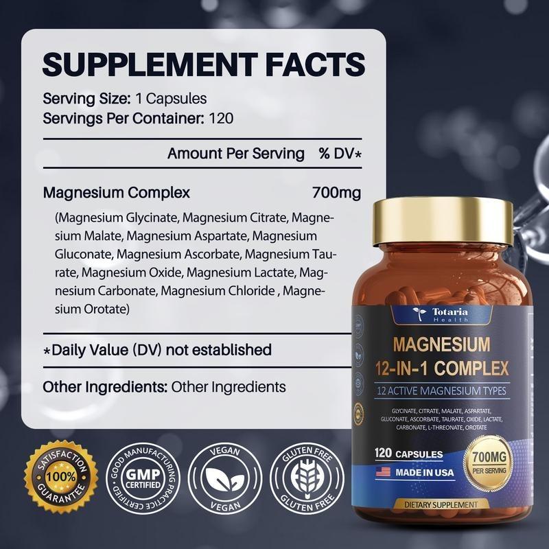 Totaria 12-in-1 Magnesium Complex 700mg, Magnesium Glycinate Citrate Malate Oxide Taurate Aspartate Orotate, Vegan Capsules, Dietary Supplement Vitamin Fitness Edible Edible Mineral Calcium
