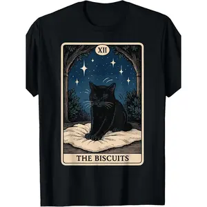 Vintage Cat Tarot Card T-Shirt with Retro Design and Iconic Feline Illustration Perfect for Casual Wear and Themed Events Machine Washable Round Neck Tee