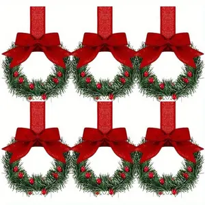 6pcs/12pcs Christmas Kitchen Cabinet Mini Wreath Hanging Ornaments withBows and Berries, Mini Christmas Wreath Small Kitchen ChristmasDecorations, Artificial Hanging Wreath for 331Window/Cabinet/Chair/Door/Stairs, Decorative Ornament