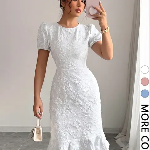 Women's Bodycon Midi Dress, Round Neck, Spring & Summer Stretch Chic Elegant Formal Office Pencil Dress, Tummy Control, Slim Fit Workwear