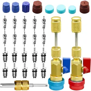 31Pcs R134A Valve Remover Installer Tool Kit, High Low Pressure Valve Quick Removal Tool Comes with AC Service Port Cap R134A Valve Valve Stem for Refrigerant Air Conditioner System