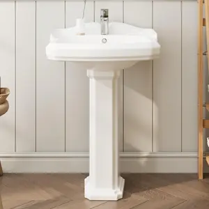 Garvee Vintage Style 19" x 23" White Ceramic Bathroom Pedestal Sink with Overflow Hole and Single Pre-Drilled Hole for 4-Inch Faucets, Freestanding Retro Design