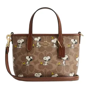 Coach x Peanuts City 15 Classic Print Logo Tote Bag for Women, Faux Leather, Brown