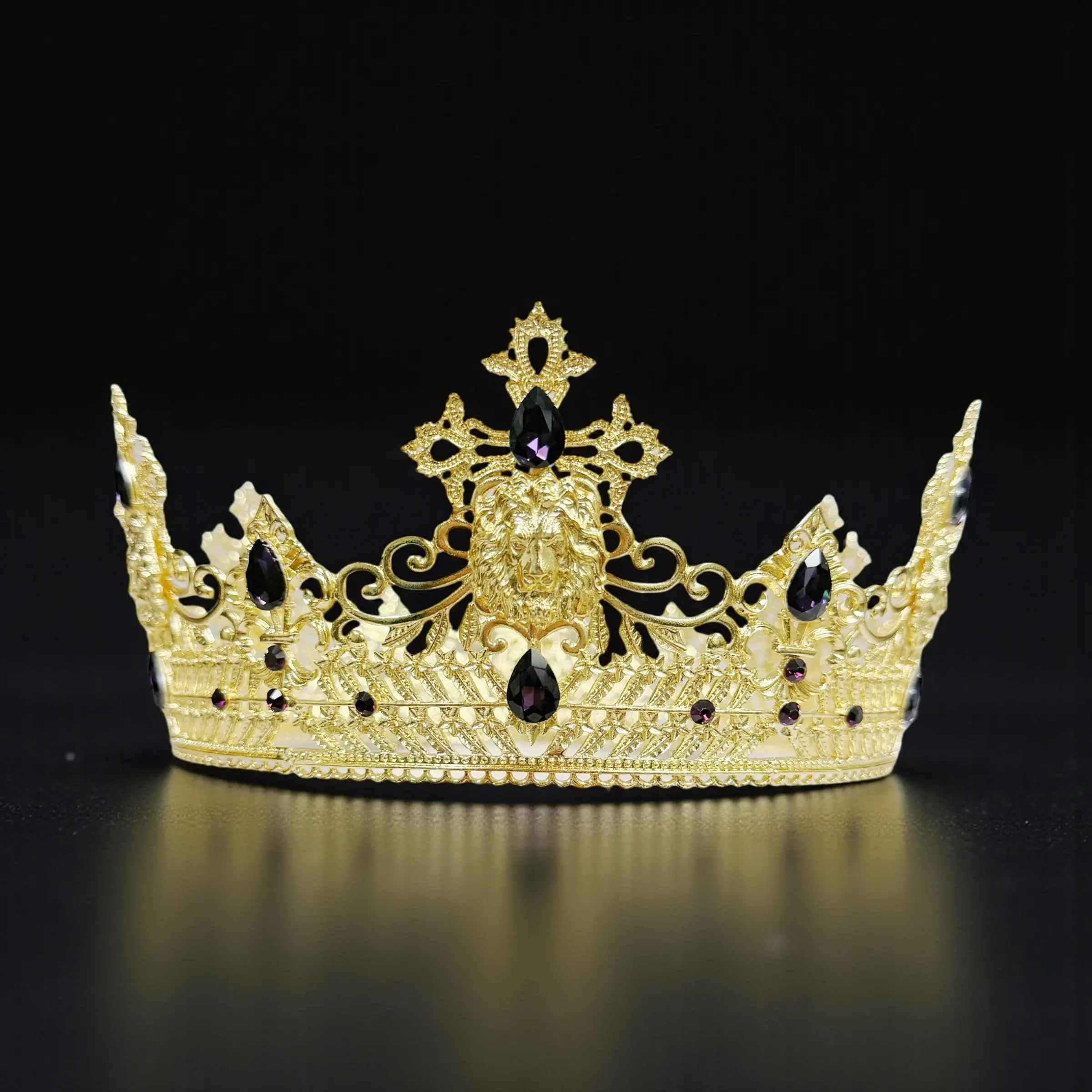 Men's Gold-Plated King Crown with Purple Rhinestones, Elegant Crown Design, 23-Inch Circumference for Birthday, Prom, Halloween Costume (Fashion Headpiece Accessory)