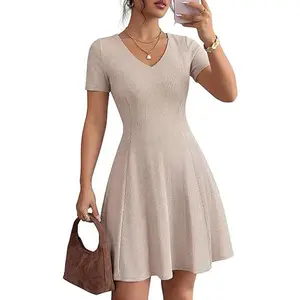 ZESICA Womens Summer Ribbed Knit Mini Dress 2026 Spring V Neck Casual Short Sleeve Flowy A Line Work Sweater Dresses