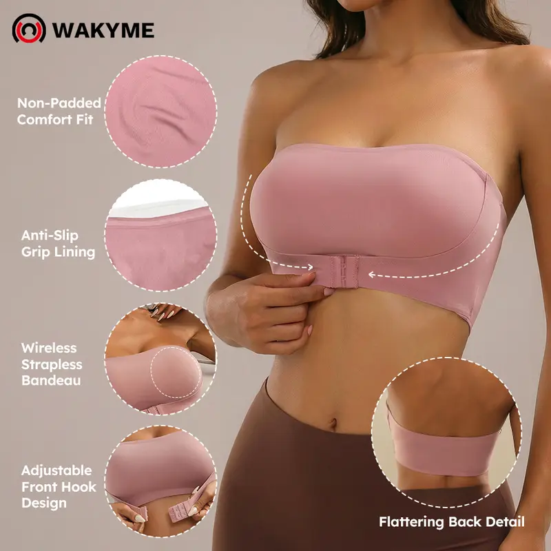 Women's Strapless Front Closure Jelly Bra – Wireless Push-Up, Seamless Invisible Bandeau Bra