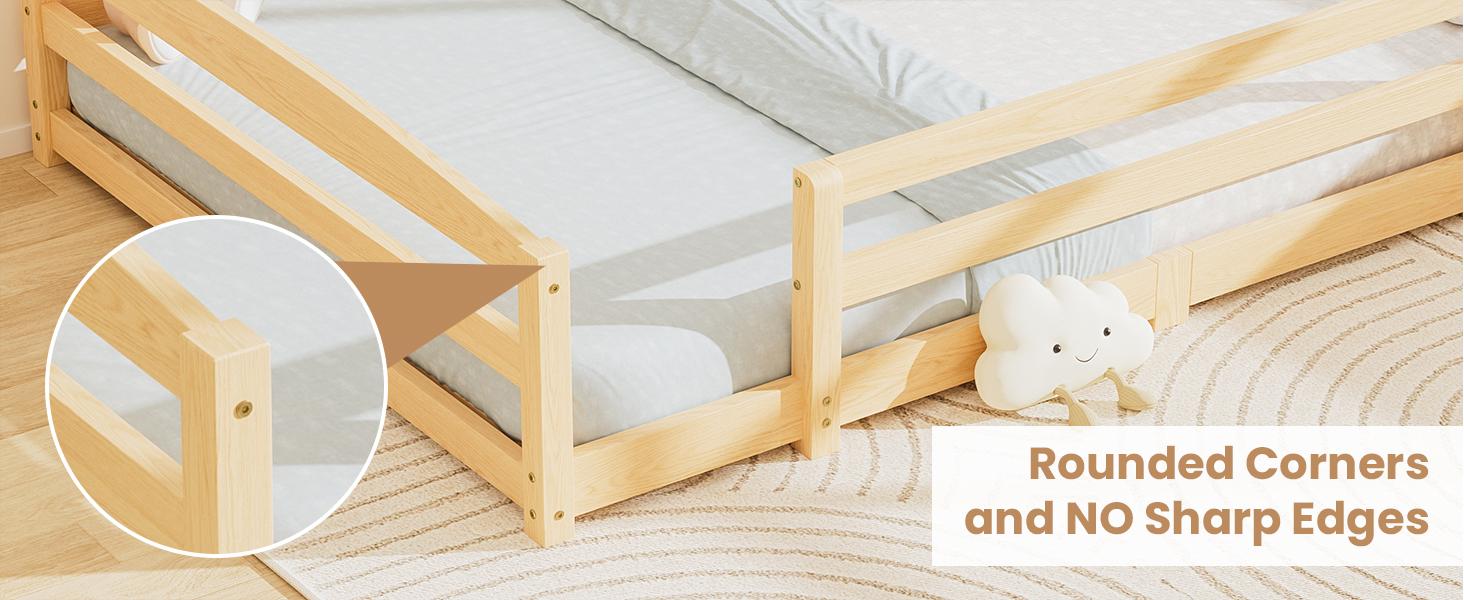 Naudacaa Twin / Full Toddler Bed with Rails, Low Montessori Floor Bed Frame for Kids w/ 2 Openings, Solid Wooden Floor Beds for Girls and Boys, CPC Certified