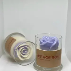 Vintage Rose Candle - Decorative Rose Design with White & Lavender, Clear Candle Lid & Label, Ideal for Home Decor - Ornaments