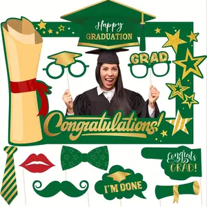 Graduation Photo Booth Props Green and Gold 2026 Graduation Photo Decorations Congratulations Photo Booth Frame and 9PCS Photo Props Party Event Props for High School and College Graduation Party Supplies Accessories Graduation Party Set