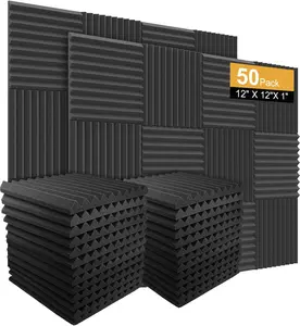 50 Pack Acoustic Panels Soundproof Studio  for Walls Sound Absorbing Panels Sound Insulation Wedge for Studio, 1" X 12" X 12" (Black)