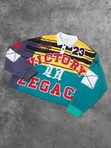 Men's Street Style Knit Letter and Stripe Print Long Sleeve Casual Fitted Polo Neck Short Striped Sweatshirt, Comfortable and Stylish, Perfect for Daily Wear