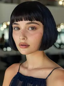 250% Density Bone Straight Bang Wig, 100% Virgin Human Hair Wig, Short Sleek Bob with Micro Bangs, Fashionable Wig for Women