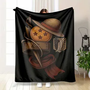 Anime Legends Crossover Flannel Blanket Straw Hat Dragon Ball Naruto Headband AOT Wings Emblem Mashup Art Print Soft Cozy Warm Plush Throw for Sofa Bed Gaming Room Otaku Fan Gift