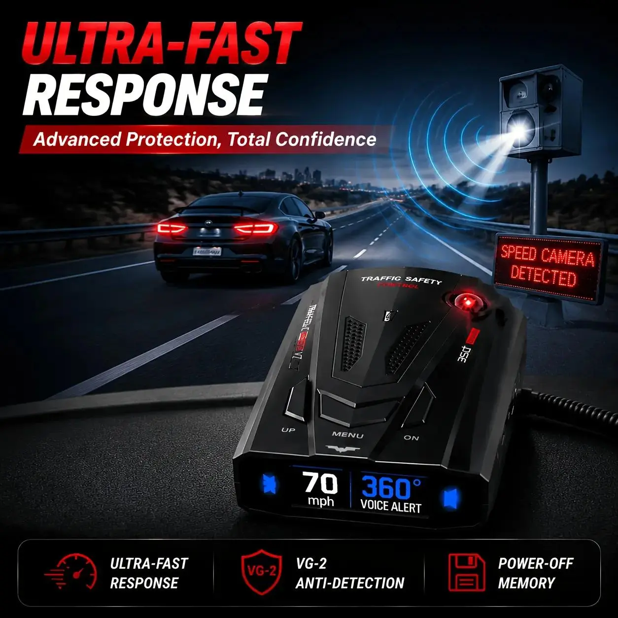 [Lucky] Vehicle-mounted long-range 360-degree radar detector – 16-band K/Ka/X, with VG-2 anti-detection technology, LED voice alarm, and intelligent false alarm filtering – a vehicle-mounted device
