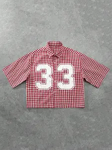 Men & Women Red Gingham 33 Number Graphic Short Sleeve Shirt - Summer Vintage Oversized Button Down Streetwear for Teen Boys, Guys, Young Adults | Daily Casual Outfit