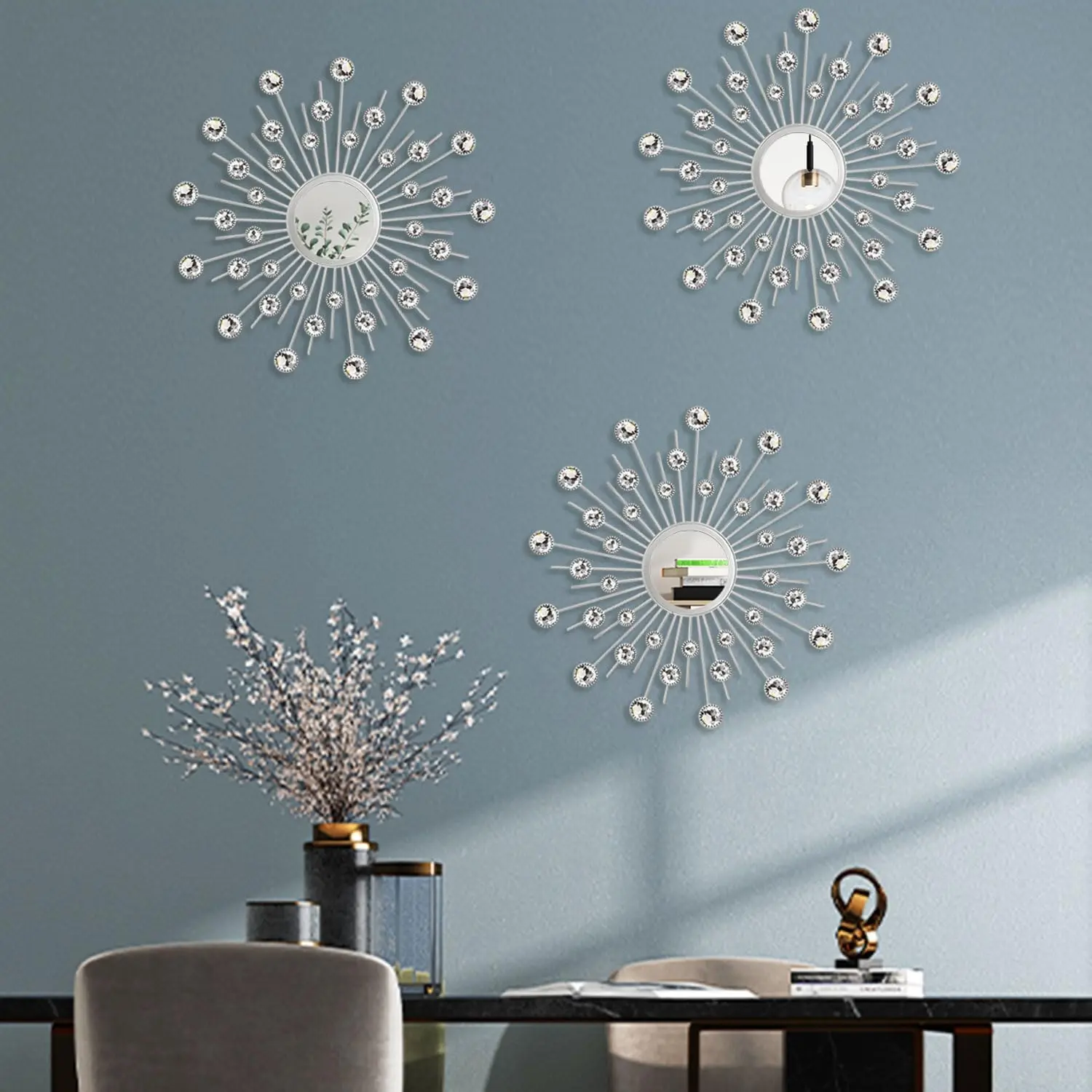 3 Pack  Sunburst Wall Mirror Decor Rhinestone Mirrors Decorative Home Wall Art for Living Room Bedroom Entryway( )