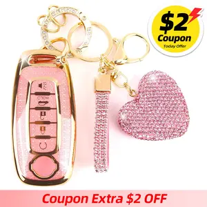 Compatible with Nissan Key Fob Cover with Heart Keychain, Car Key Shell for Women, Compatible with Nissan Rogue Pathfinder (2023 2024 2025) Sentra (2024 2025) Key Protector (5 Buttons-Pink)