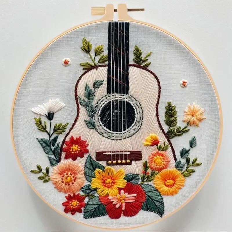 Guitar Flower Embroidery Kit – DIY Creative Needlework Set for Beginners English Guide Included Perfect Craft for Floral Art Lovers & Home Decor Projects Handmade Supplies